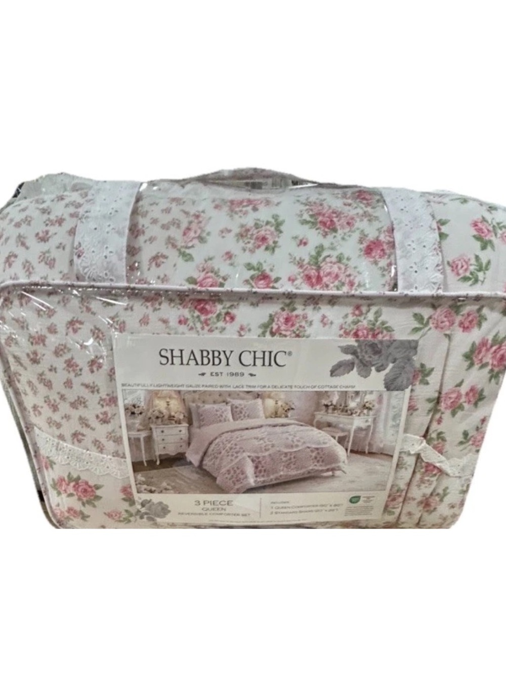 Shabby Chic Floral Pink & White Cotton Gauze Queen Comforter Set with Lace Trim